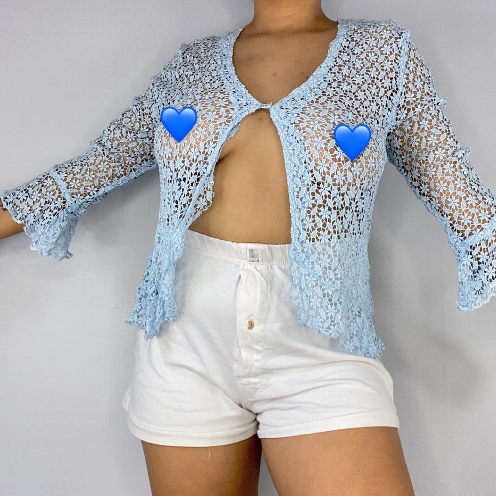 Blue Crochet Knit Open Cardigan
